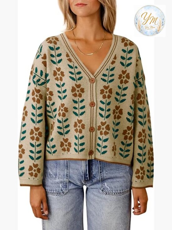 Sweaters - Floral Print V Neck Cardigan Open Front Button Down Knit Sweater Long Sleeve